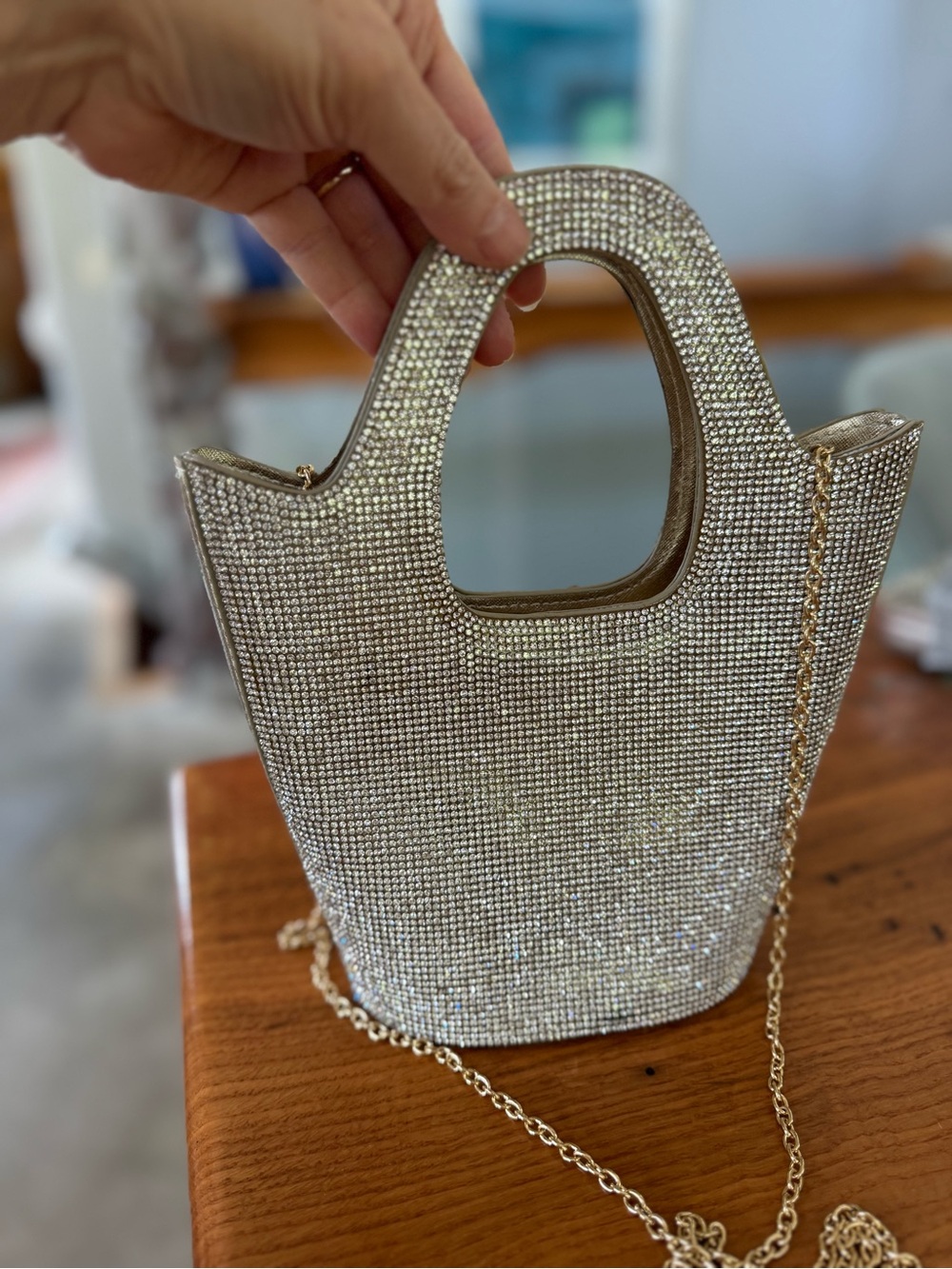 Gold Crystal covered stand up bag with handle, optional chain. Zip close